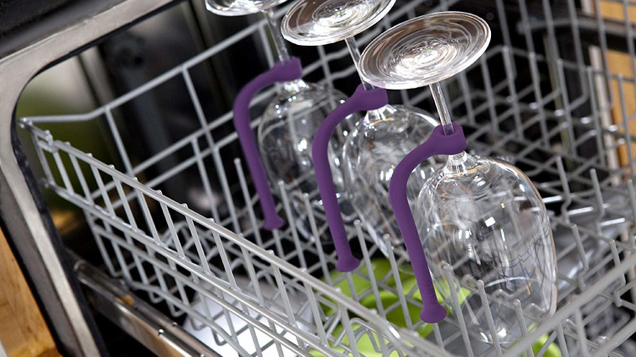 The main reason you’re supposed to hand wash your wine glasses is that they can fall over in the dishwasher and break. Quirky’s Tethers fix that.